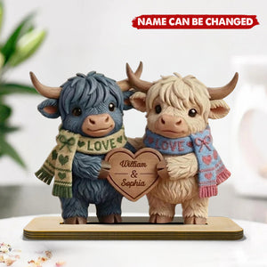 Personalized Wooden Block, Highland Cow Couple Figurine, Tabletop Shelf Decor, Farmhouse Home Accent