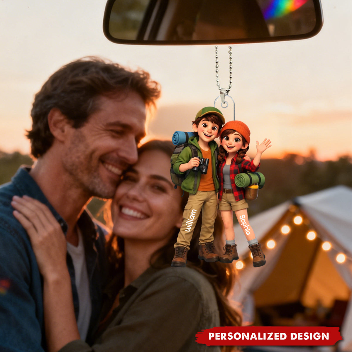 Camping Couple - Personalized Acrylic Car Ornament - Anniversary, Valentine's Day Gift, Gift For Him, Gift For Her