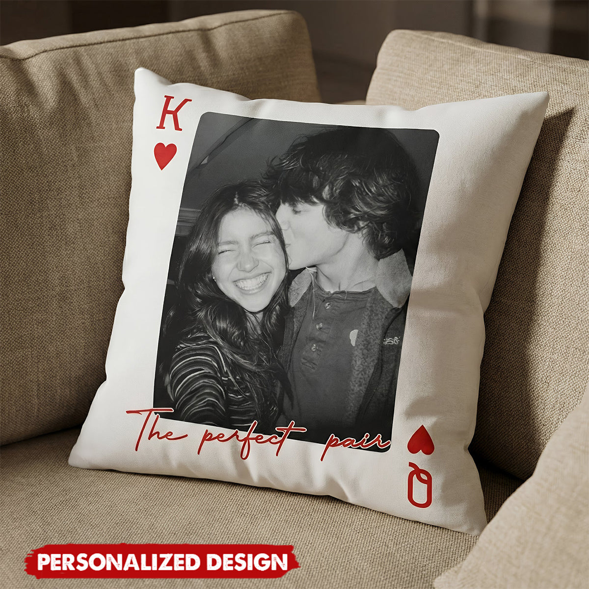 King & Queen Of Heart Lucky Us - Personalized Couples Photo Pillow
