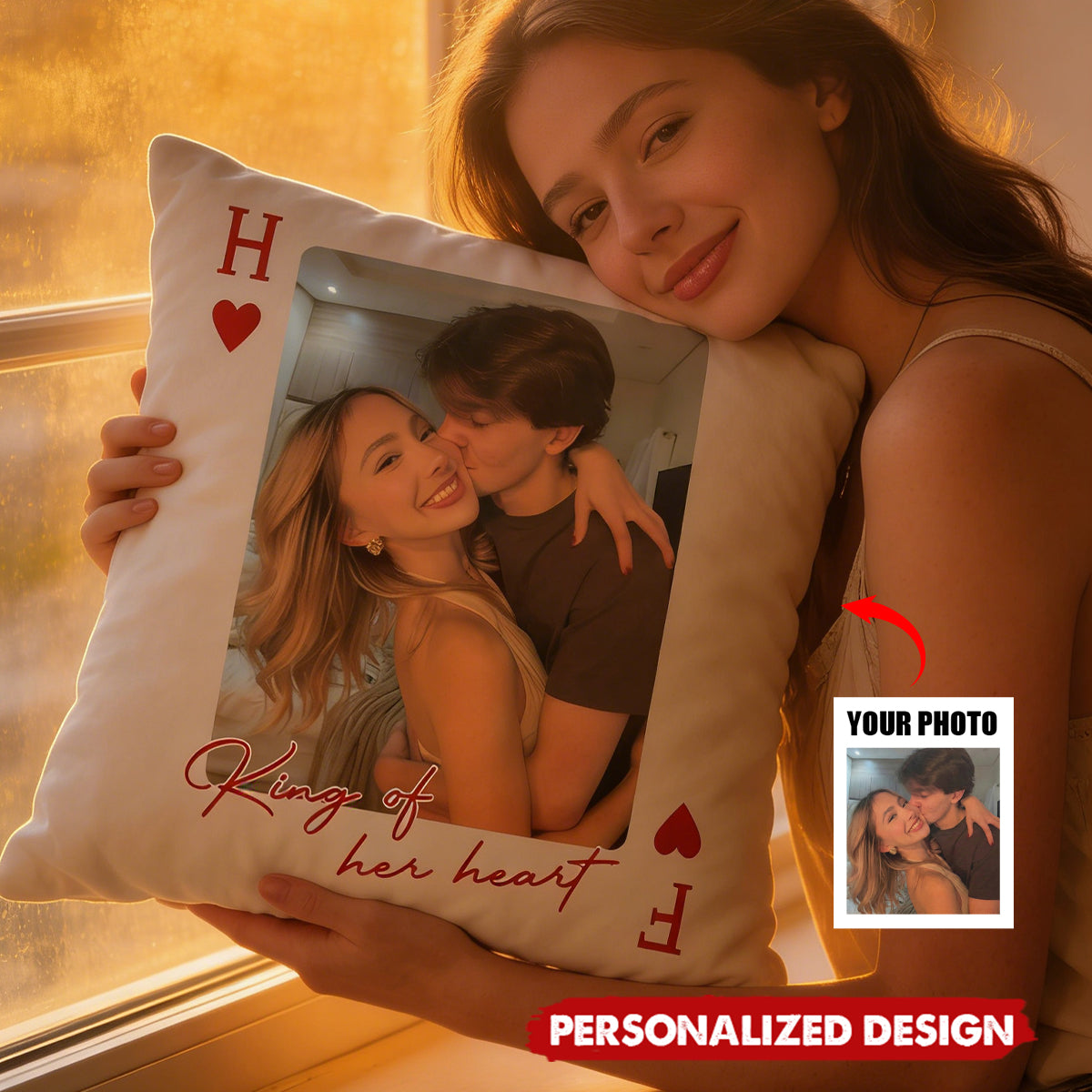King & Queen Of Heart Lucky Us - Personalized Couples Photo Pillow