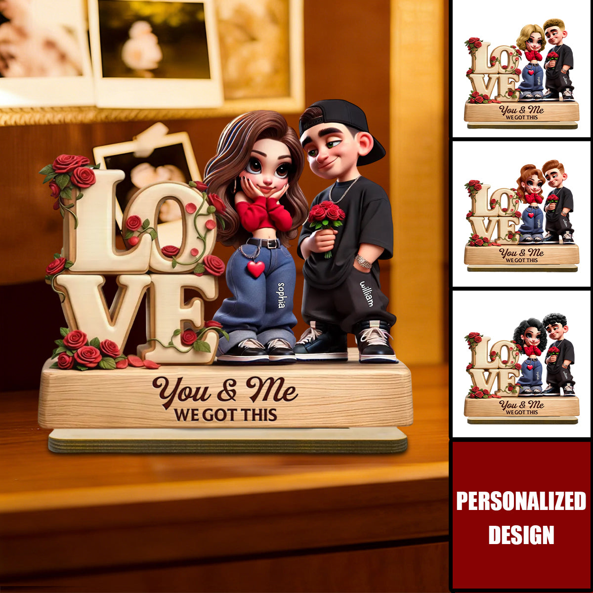 Y2K Couple Love Rose - Personalized 2-Layered Wooden Plaque - Valentine's Day Gift For Couple, for him, for her