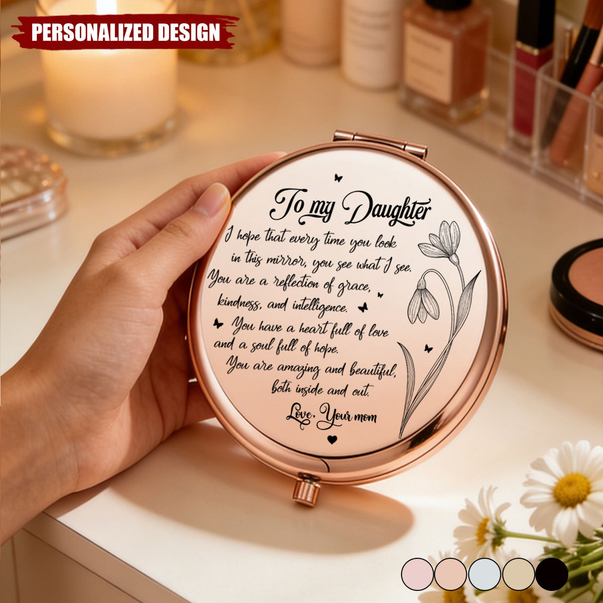 Custom Compact Mirror with Birth Flower, Personalized Name Pocket Mirror - Gifts For Granddaughter, Daughter