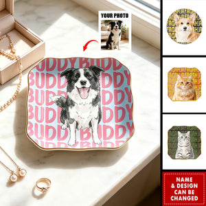 Custom Pet Watercolor Portrait Engraved Name - Personalized Jewelry Dish