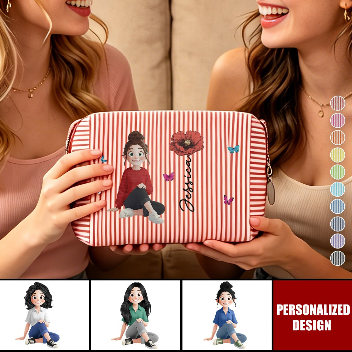 Custom Birth Flower - Name And Cute Cartoon Designs For Her - Personalized Makeup Bag