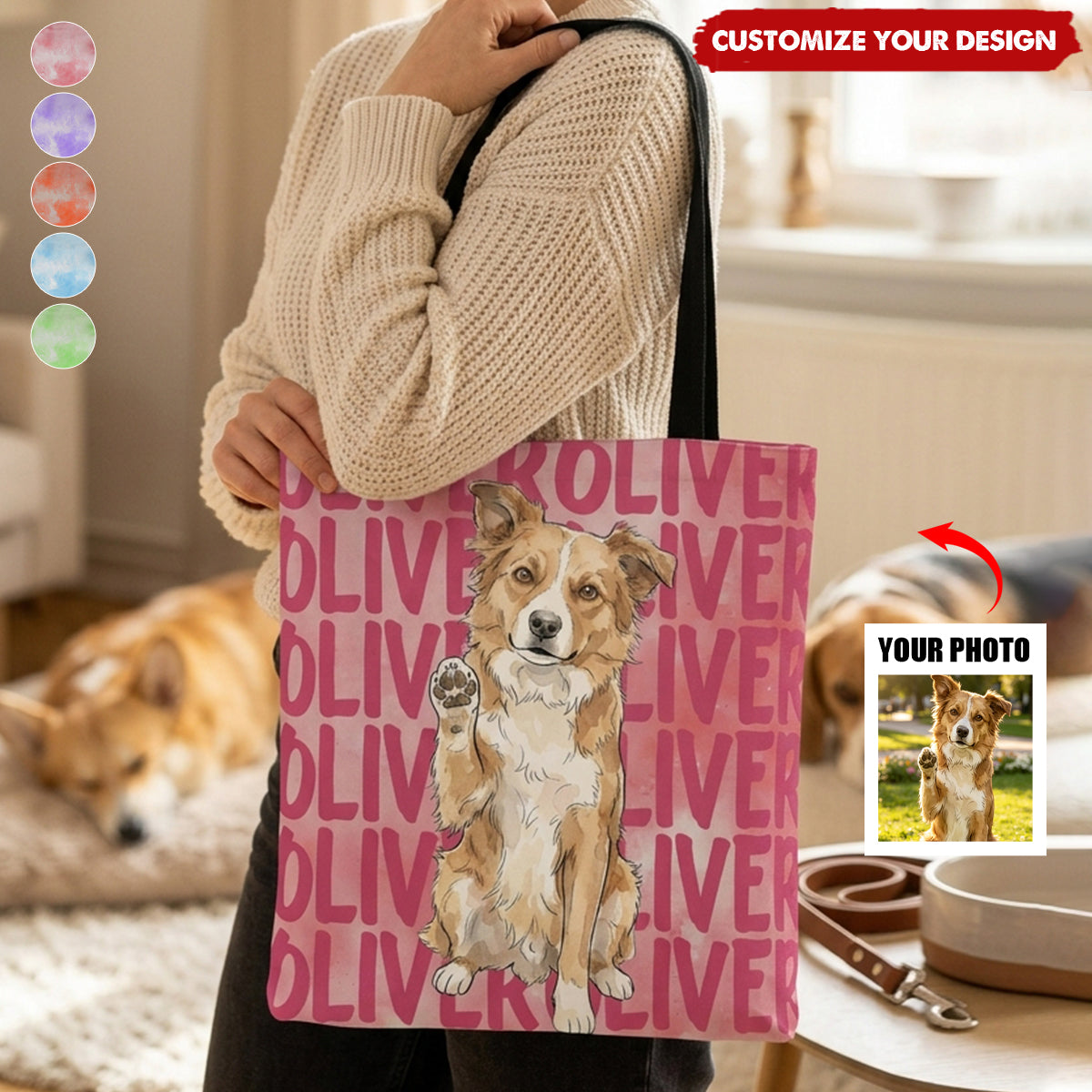 Custom Pet Portrait & Name Watercolor Style - Personalized Tote Bag