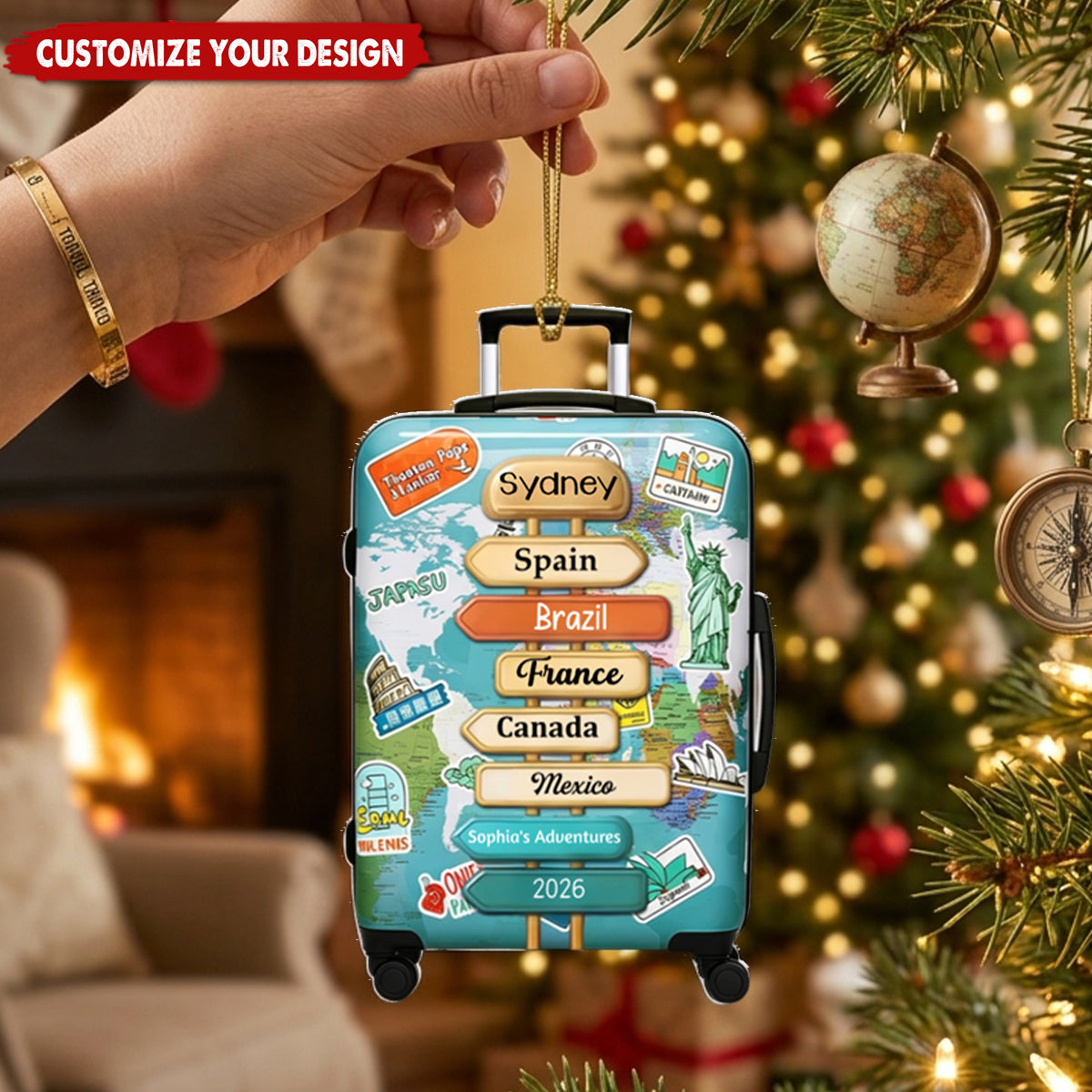 Personalized Travel Ornament, Custom Traveling Destination Ornament, Christmas Gift for Travelers
