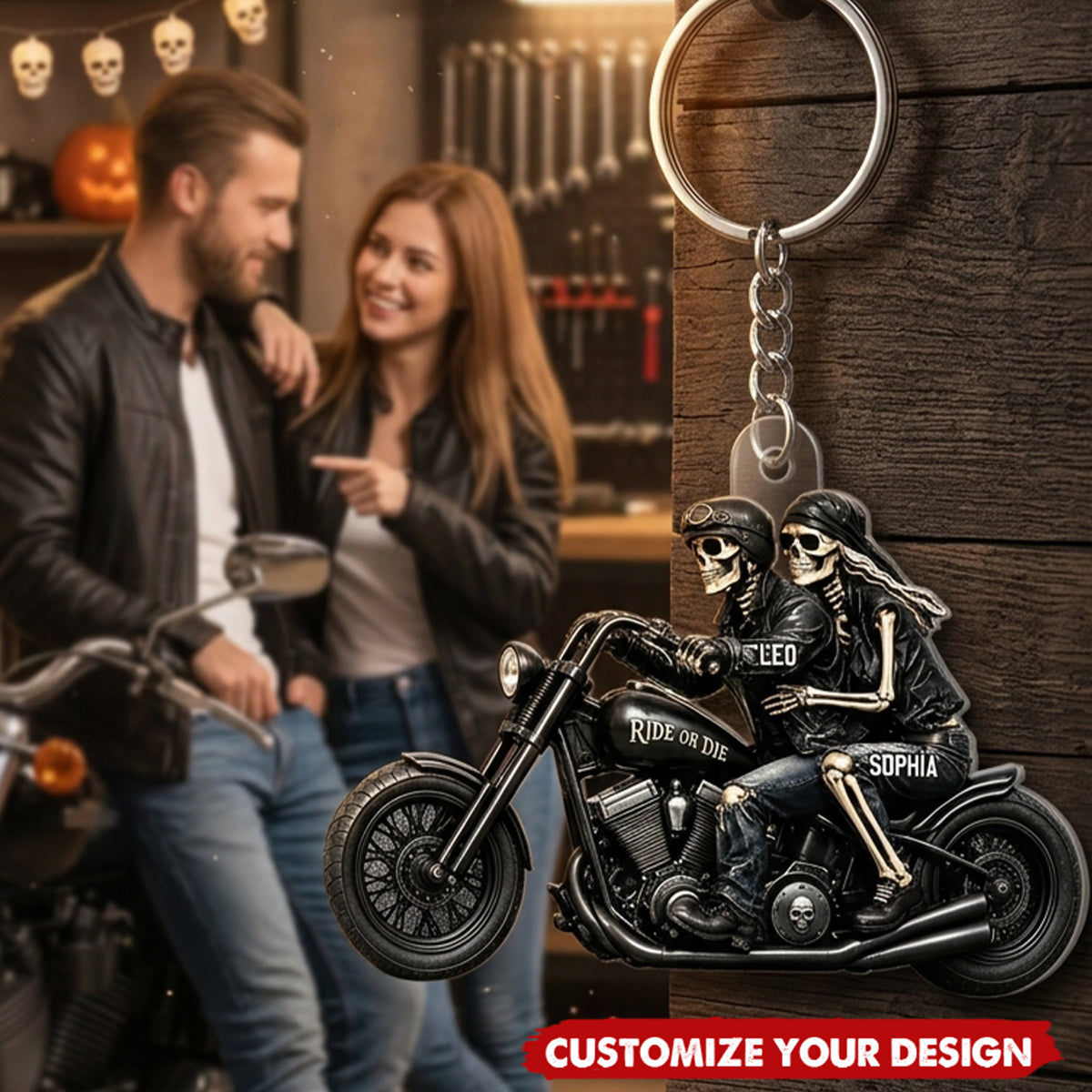 Riding Partners For Life Skeleton Couple - Personalized Acrylic Keychain - Halloween Gift For Couple