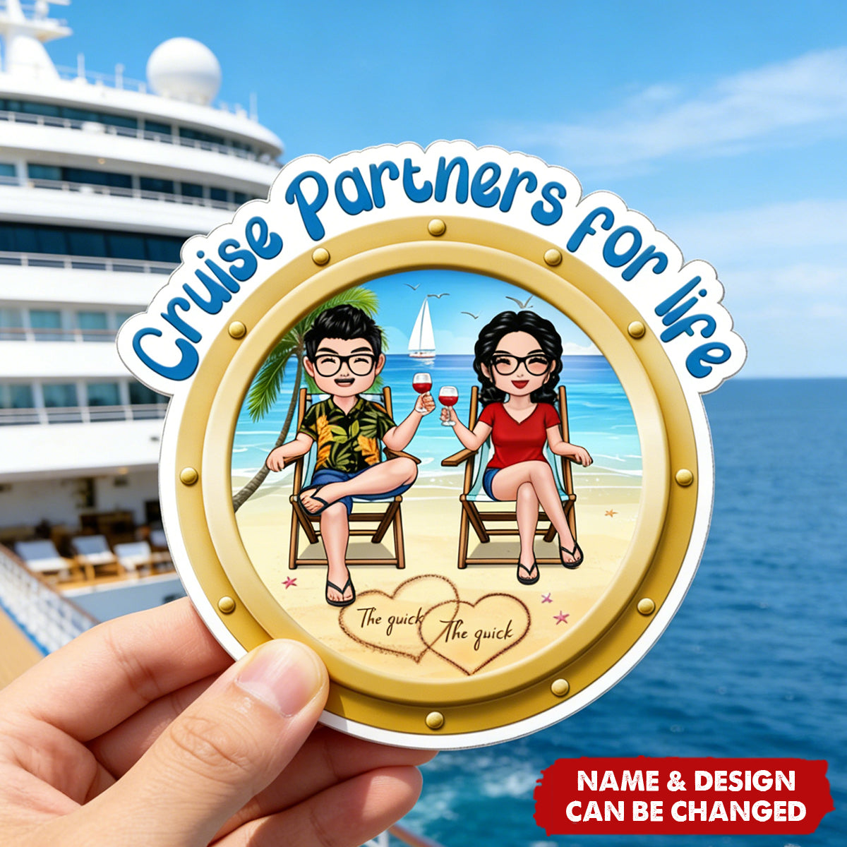 Cruise Partners For Life Porthole Doll Couple Sitting On The Beach - Personalized Cruise Ship Door Magnet