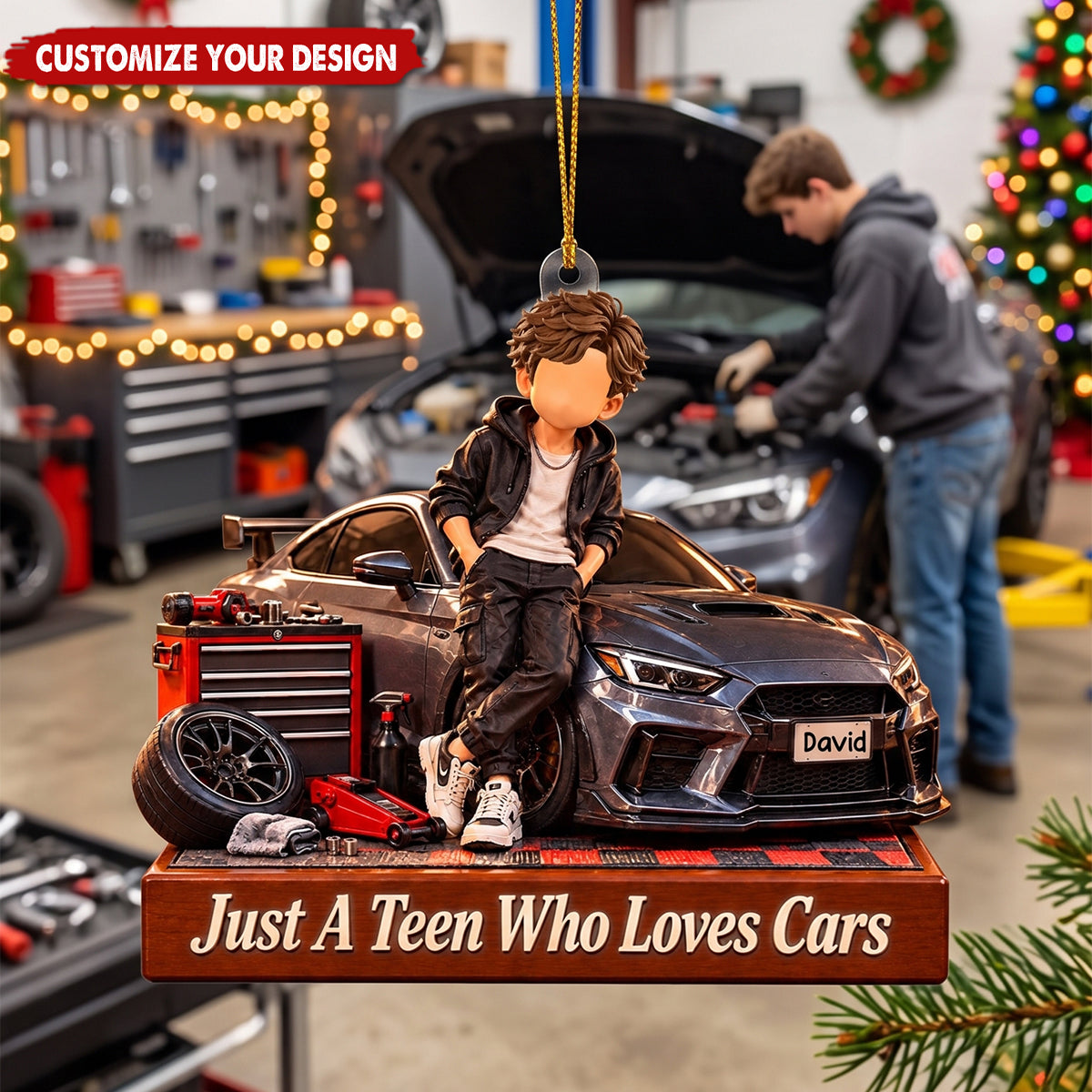 Personalized Car Lover Boy Block Ornament - Custom Teen Mechanic Gift