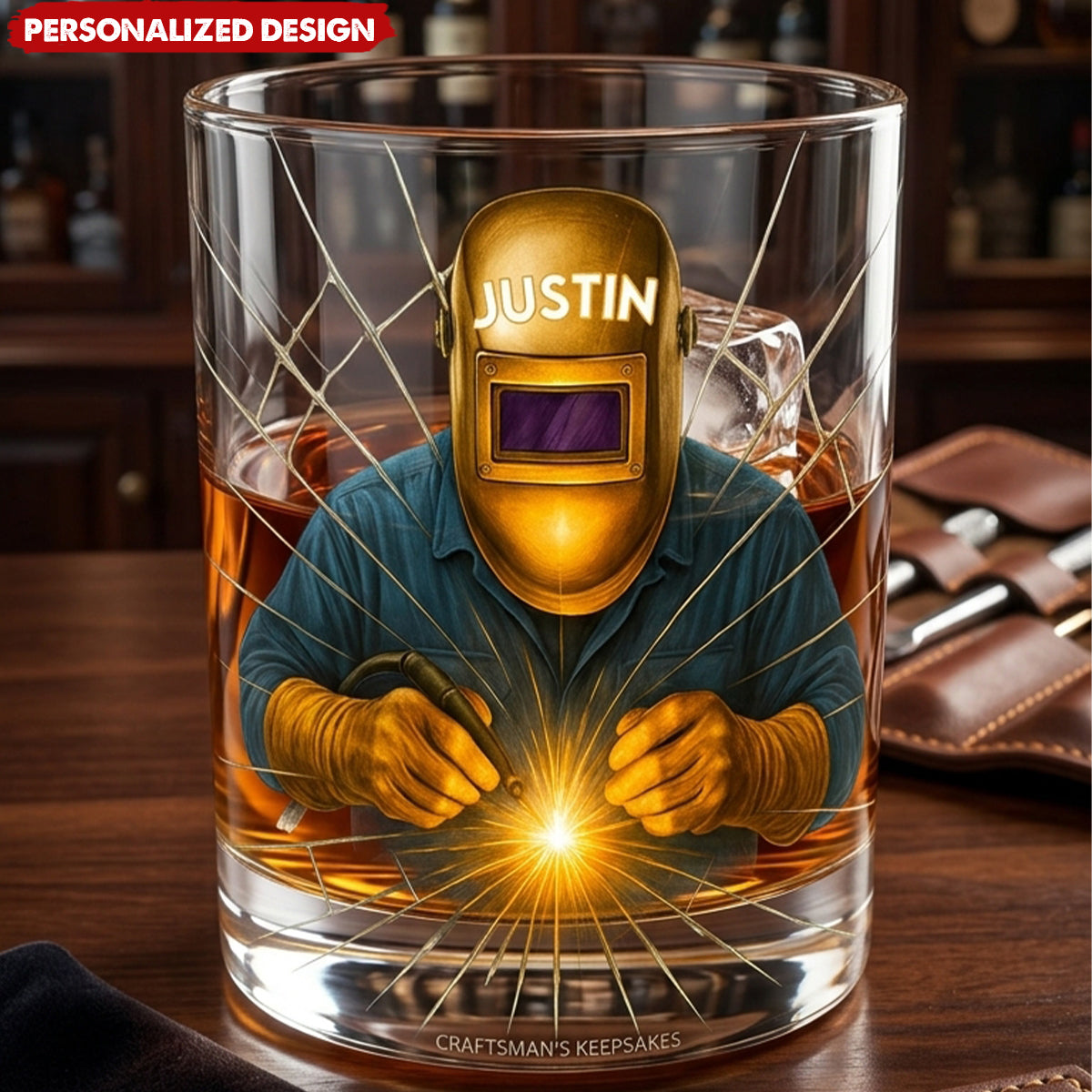 Artistic Welder At Work Custom Design, Personalized Custom Whiskey Glass, Gift For Craftsmen and Metal Workers