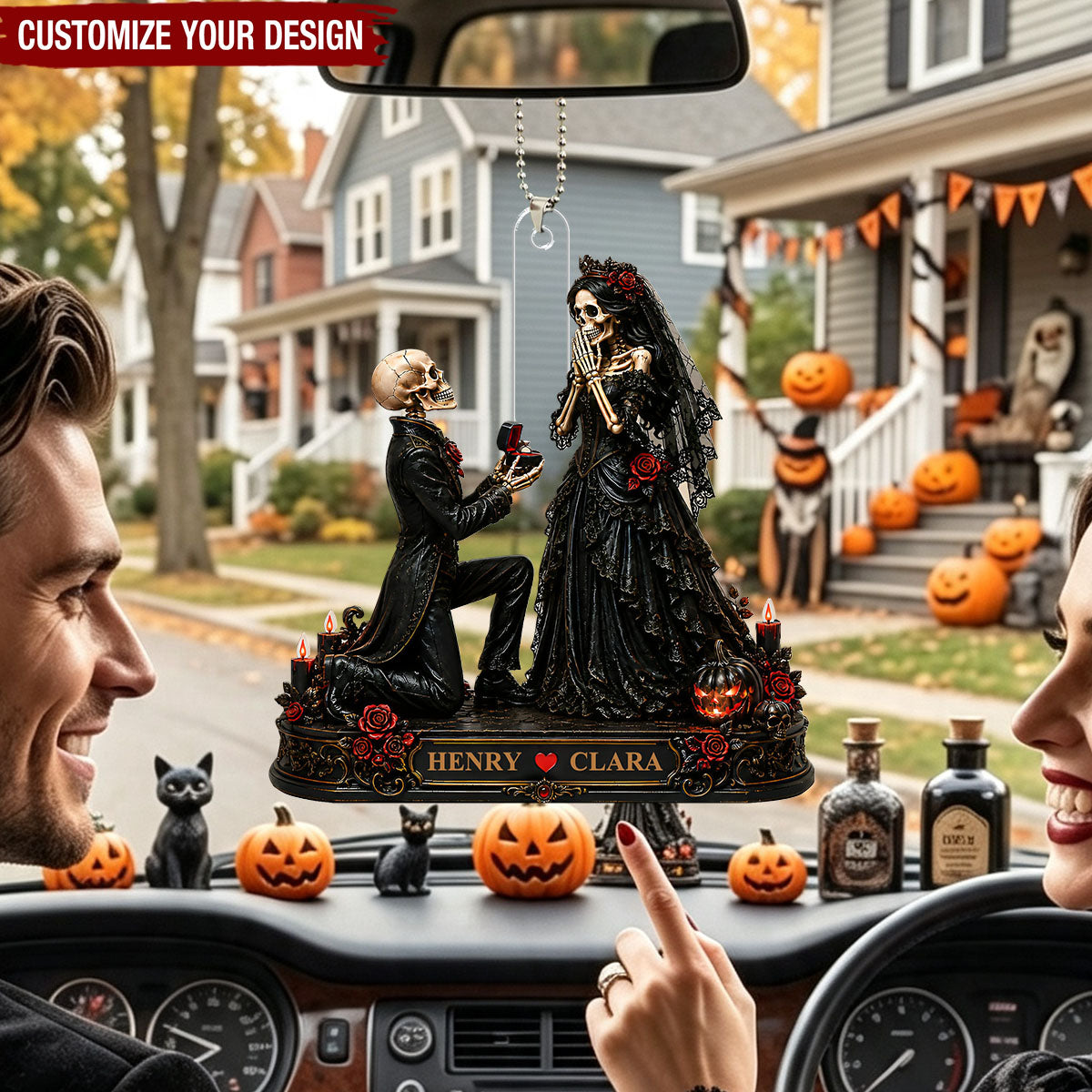 Skeleton Couple Marriage Proposal - Personalized Car Ornament - Halloween Decor Gift, Gift For Couple