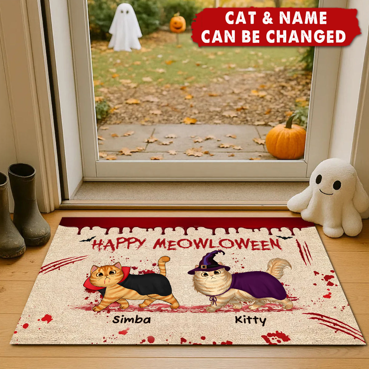 Happy Meowloween Spooky Walking Cat Personalized Doormat, Halloween Decor