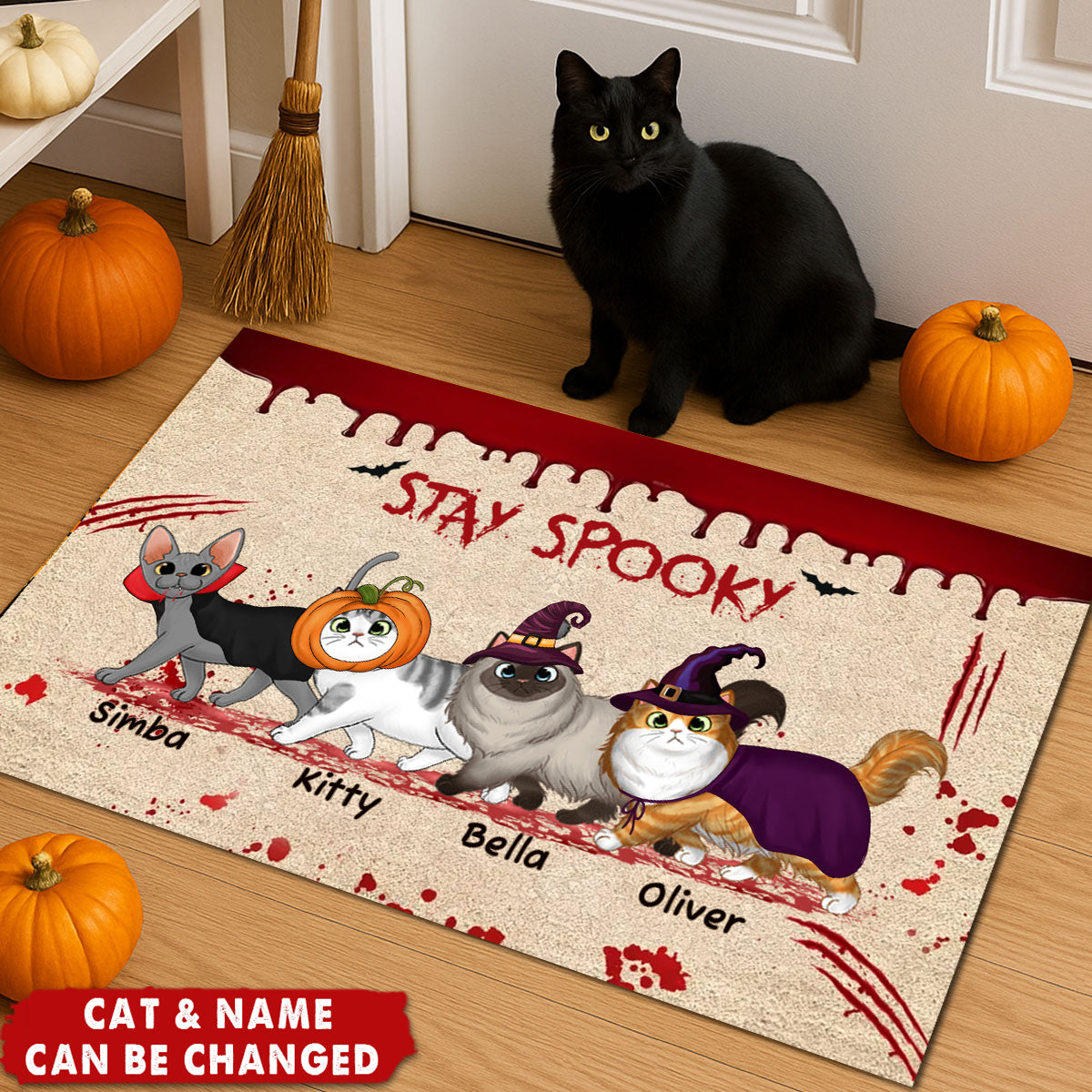 Happy Meowloween Spooky Walking Cat Personalized Doormat, Halloween Decor