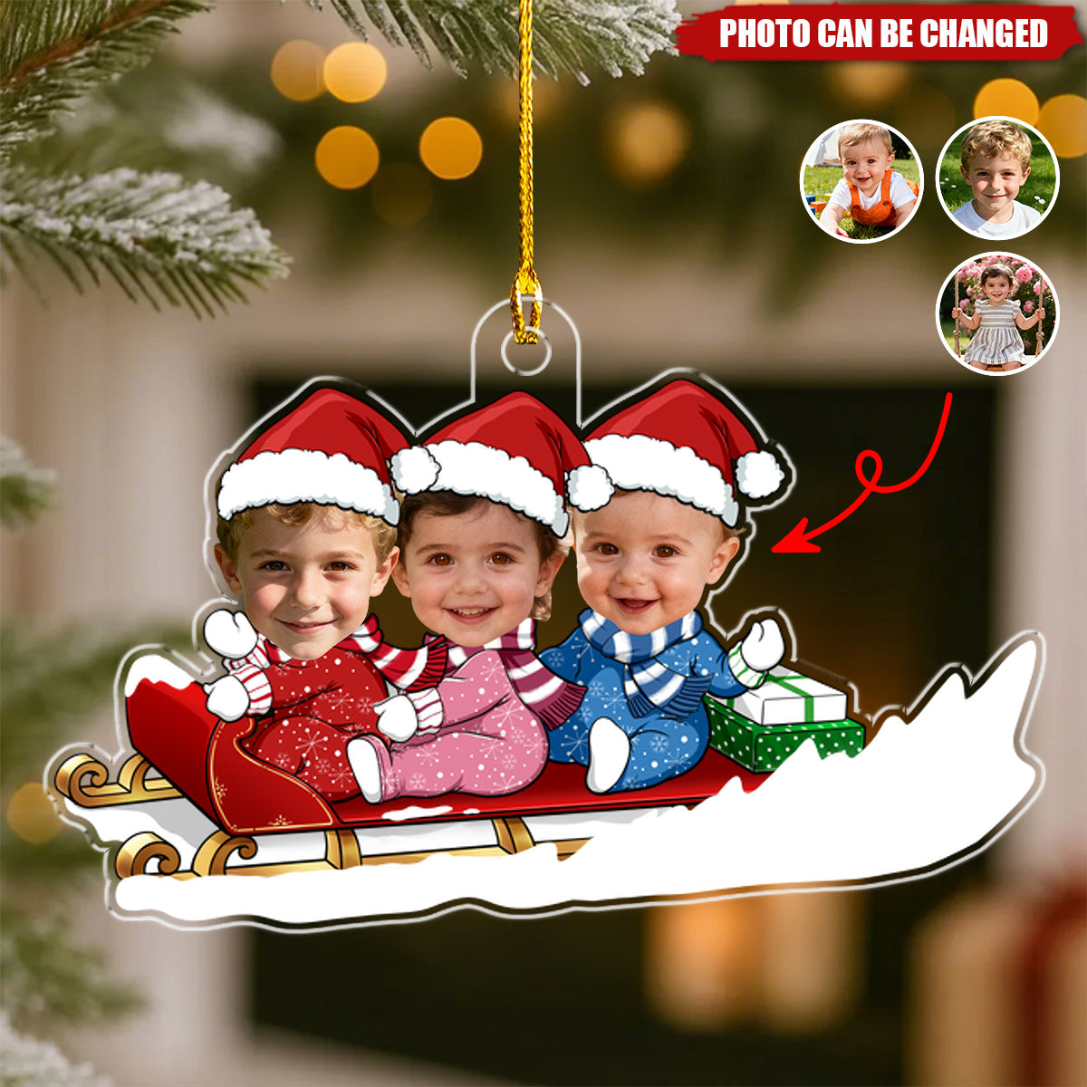 Baby Boy, Girls, Kids, Grandkids Sleigh - Personalized Acrylic Photo Ornament
