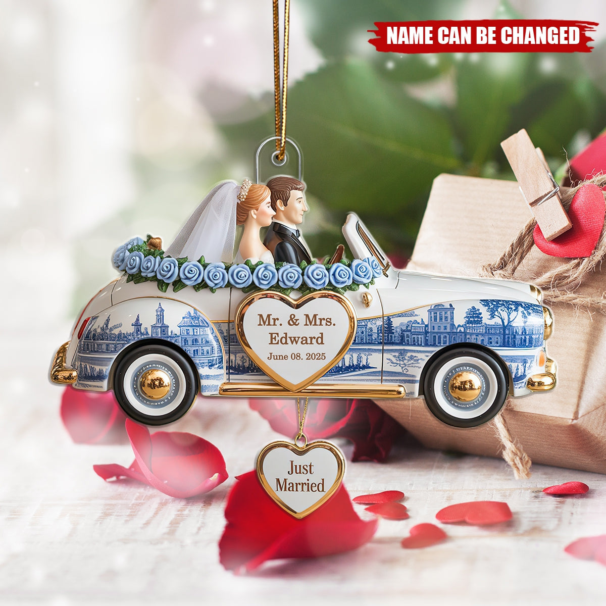 Personalized Just Married Toile de Jouy Ornament, Wedding Gifts For Couple, Mr and Mrs, First Christmas Married, Newlywed Car