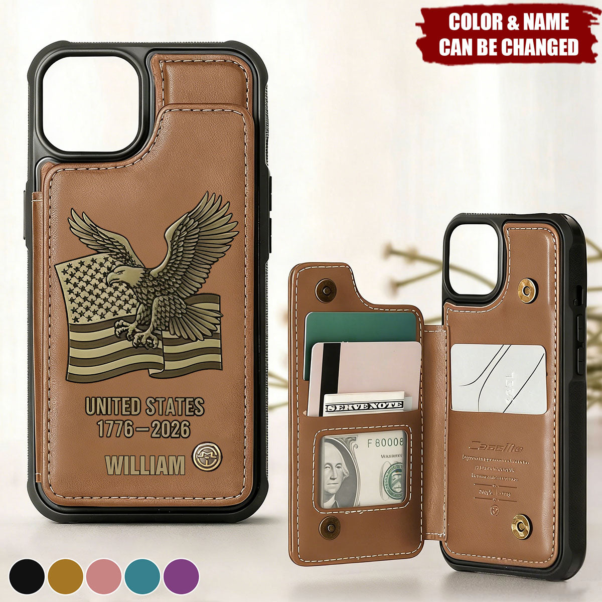 United State 250th Anniversary - Personalized Leather Wallet Phone Case - Patriotic Gift for Dad or Husband