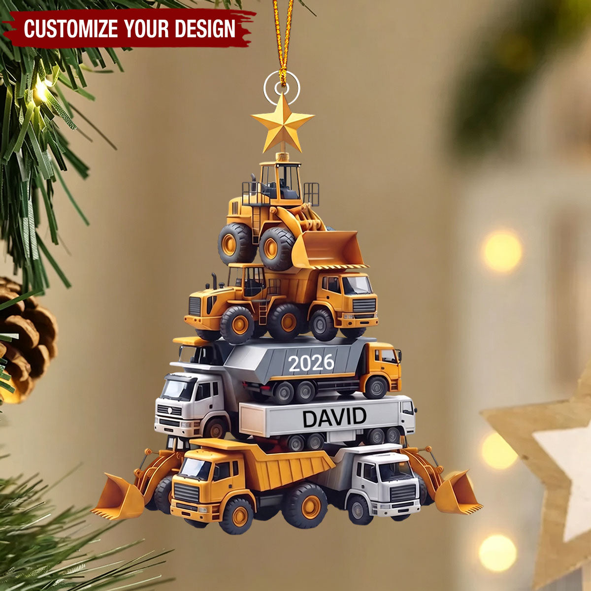 Personalized Construction Tree Christmas Ornament, Custom Truck Digger Xmas Decor