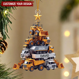 Personalized Construction Tree Christmas Ornament, Custom Truck Digger Xmas Decor