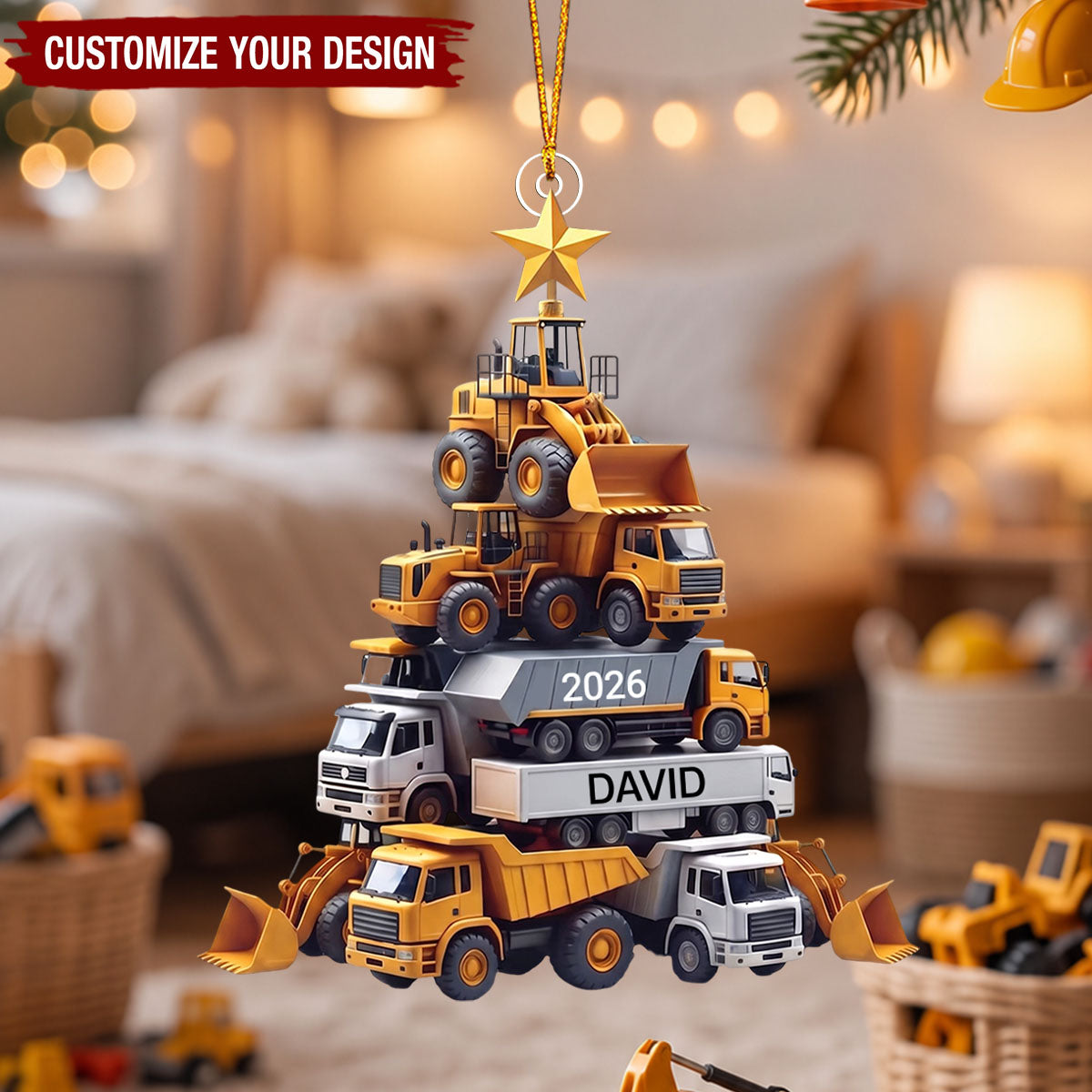 Personalized Construction Tree Christmas Ornament, Custom Truck Digger Xmas Decor