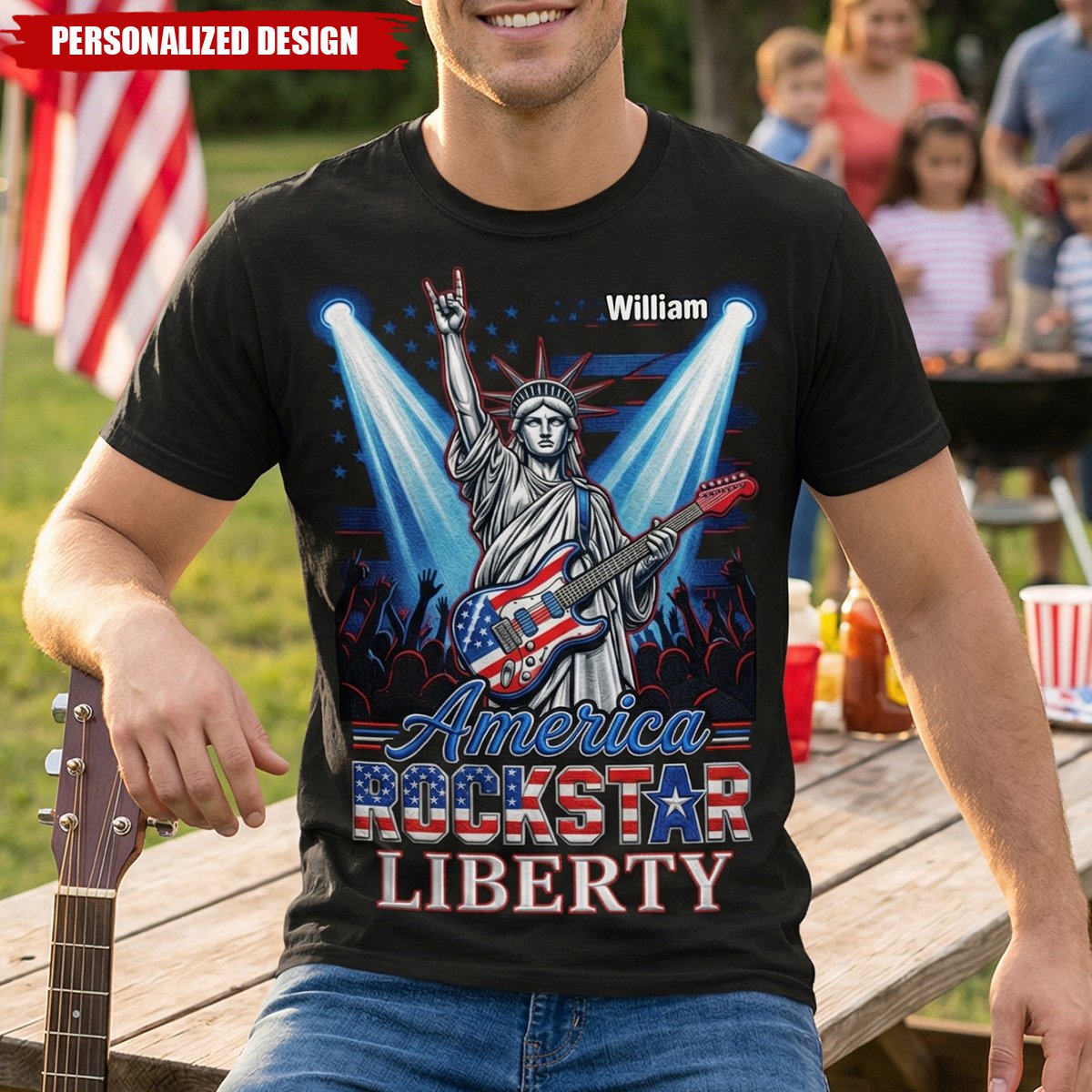 Custom Name American Patriotic Guitar Rockstar Liberty Shirt