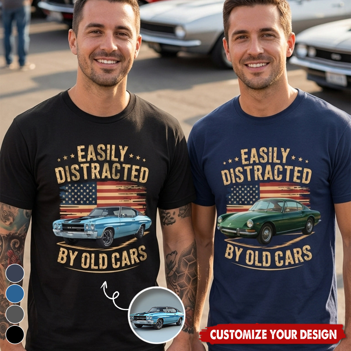 Custom Photo Easily Distracted by Old Cars Classic Car Guy Funny Vintage Dark Shirt
