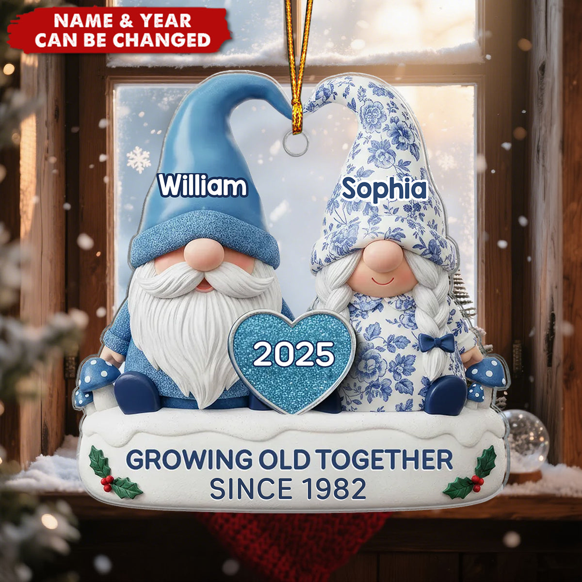 Vintage Floral Toile De Jouy Pattern Dwarf Couple - Personalized Acrylic Ornament